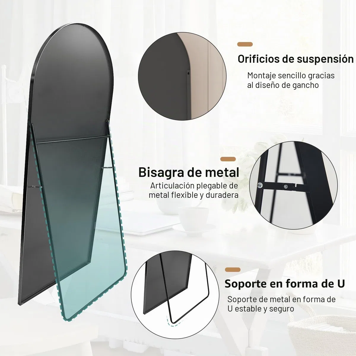 Espejo de cuerpo entero, 162 x 53 cm, curvado, negro, HD, espejo de pie con marco de aleación de aluminio, vidrio templado, espejo de pared grande para dormitorio, armario, sala de estar