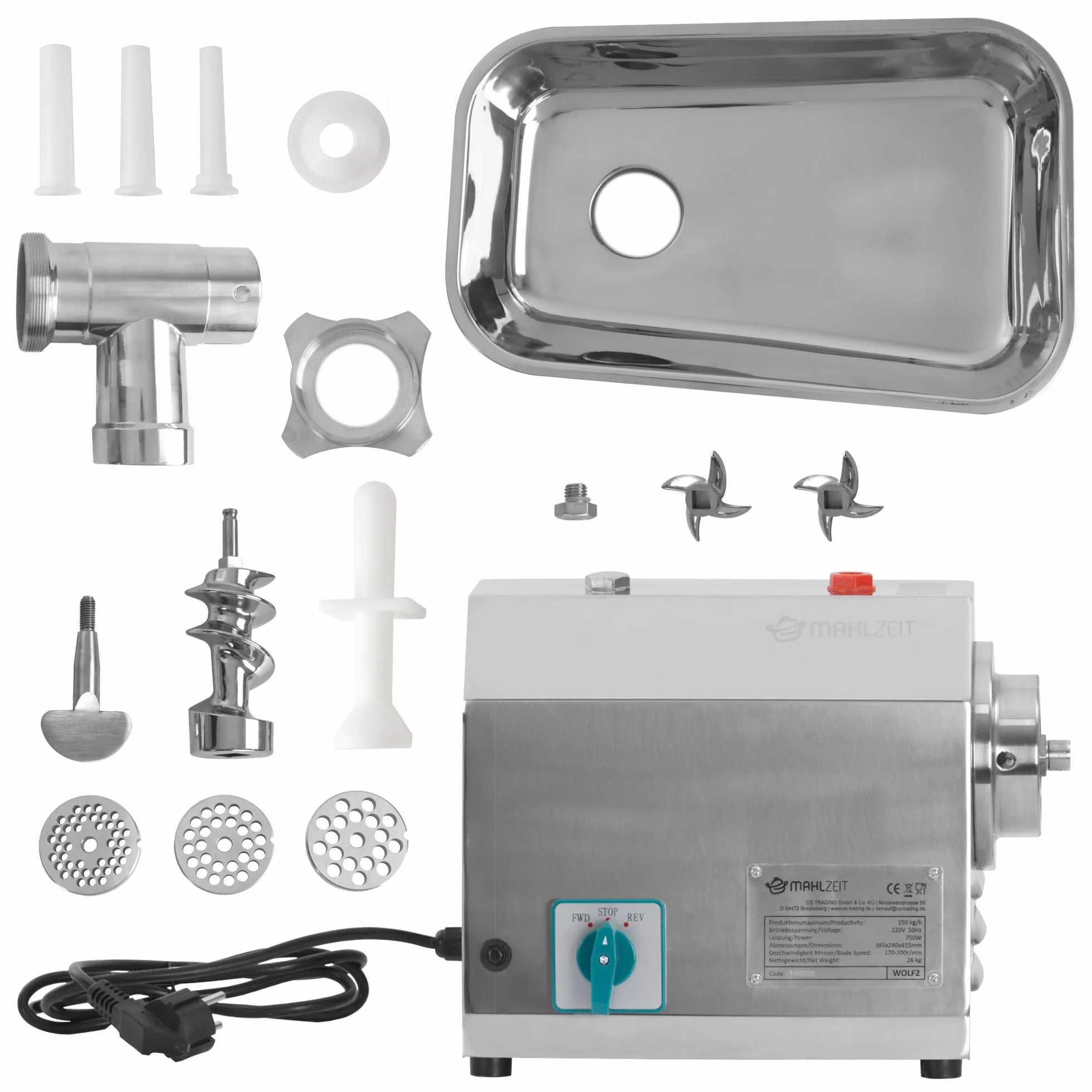 Mahlzeit Picadora Eléctrica de Carne Profesional de Acero Inoxidable | 750 W - 150 kg/h | Máquina para Embutir para Gastronomía | Embutidora | Máquina para Rellenar Salchichas, Picadora