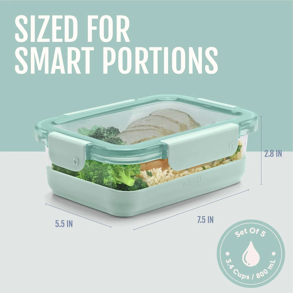 Ello Duraglass - Juego de 3.4 tazas de preparación de comidas, 10 unidades, juego de 5 recipientes de vidrio para almacenamiento de alimentos con funda de silicona y tapas de plástico herméticas sin