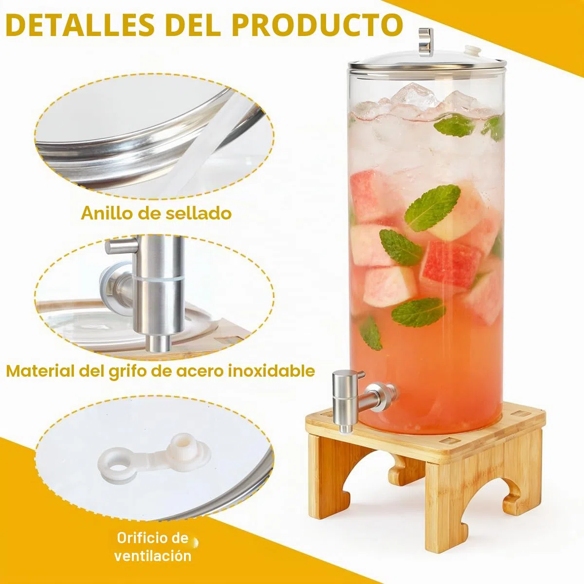 Dispensador de bebidas de 7 L con soporte, dispensador de vidrio con llave de acero inoxidable macizo para jugos helados, agua, bebidas caseras, fiestas, bodas