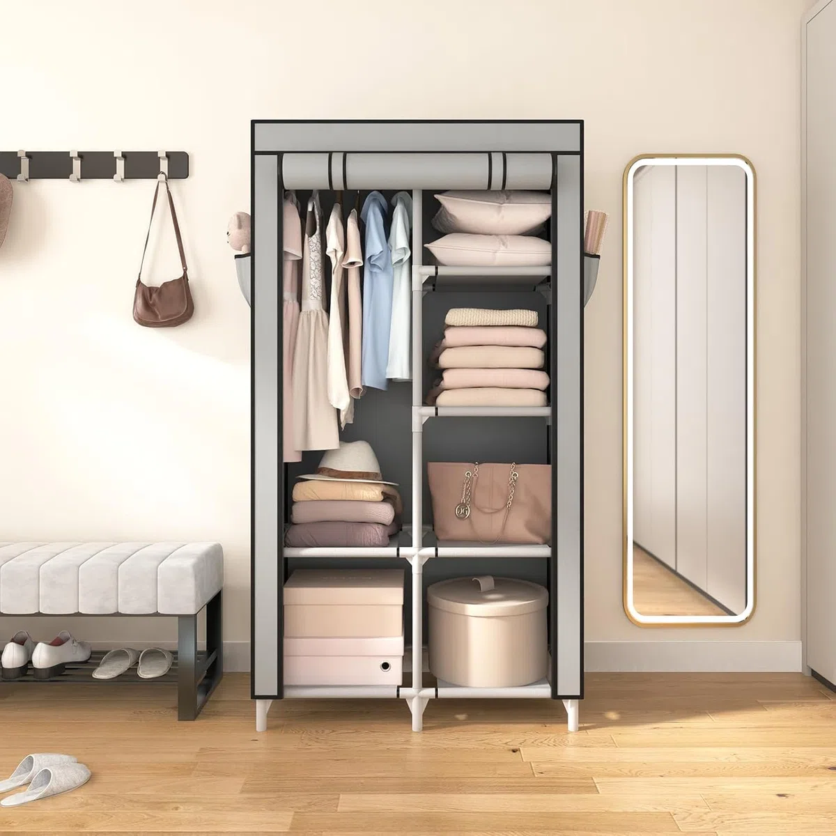 Vicye Armario de Tela, Organizador Armario Ropero Portátil con 1 Barra para Colgar y 6 Estantes para Dormitorio, Vestidor, Salón, Gris, 84 x 42 x 162 cm