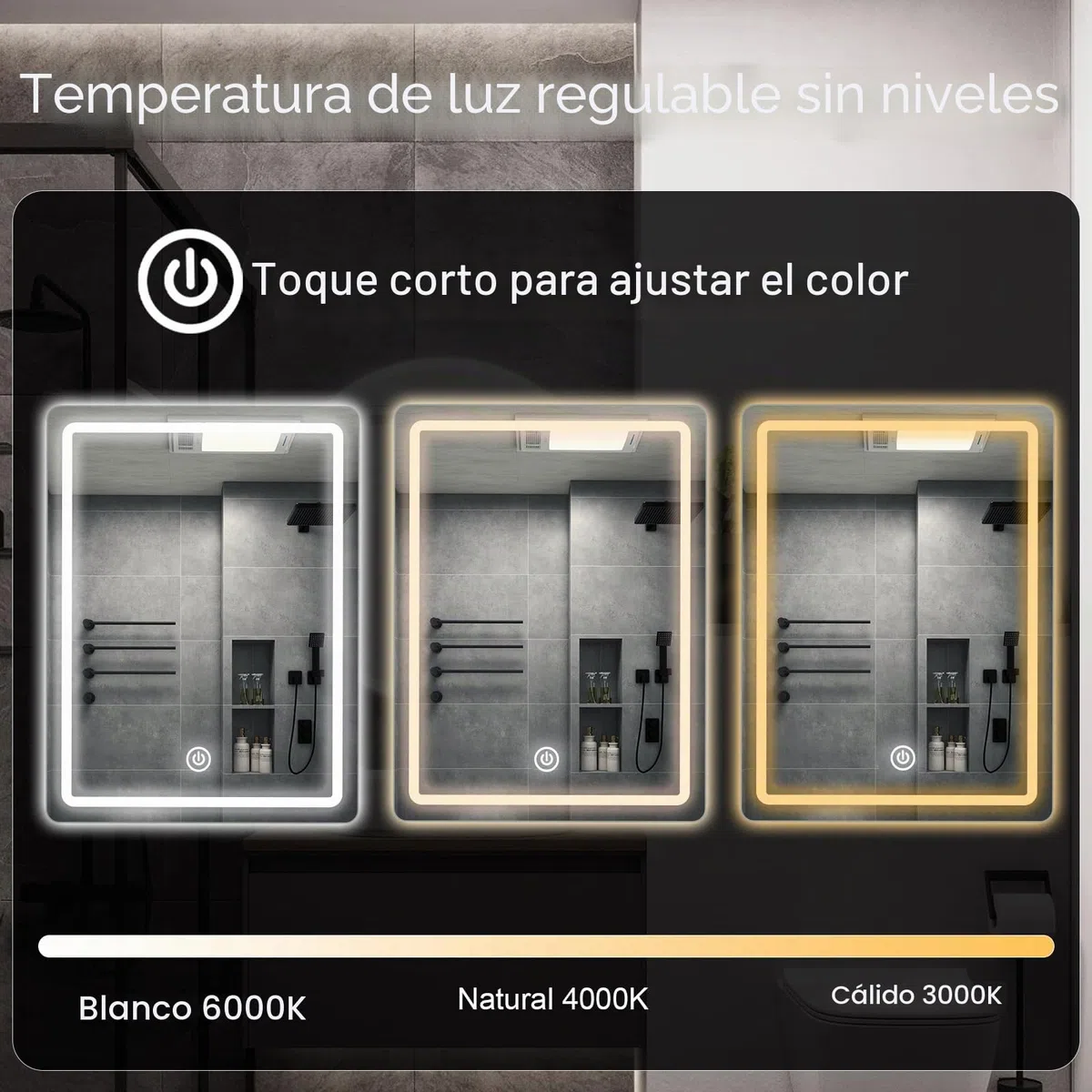 Espejo de Pared para baño, Espejo de baño con iluminación, Espejo con luz LED, Interruptor táctil y 3 Colores Regulables (60 L x 45 B)