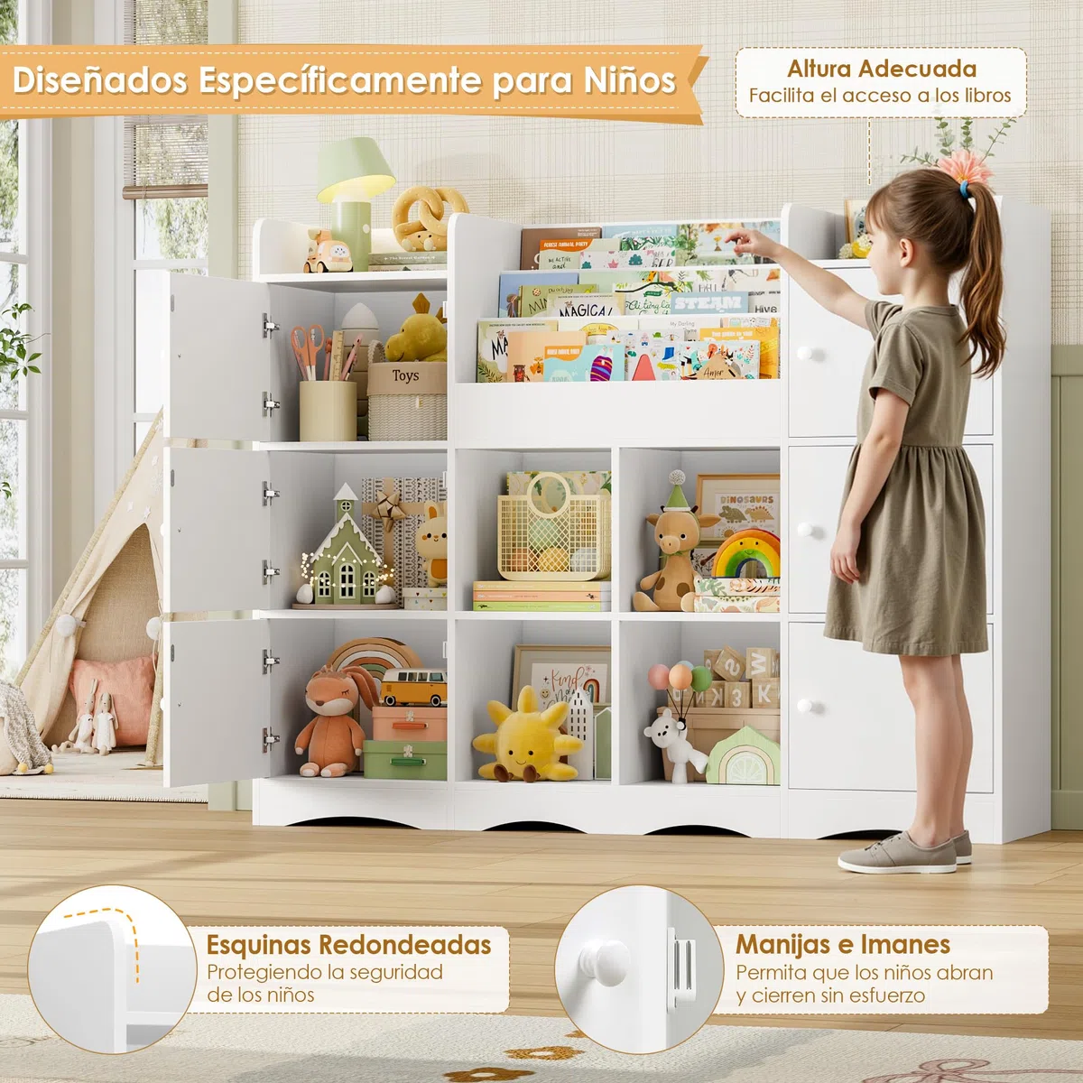 FOREHILL Organizador Juguetes, 6 Armarios con Puertas, Blanco | Estanteria Infantil, 6 Armarios con Puertas, 4 Estantes Abiertos para Dormitorios Guardería, 140x30x106cm