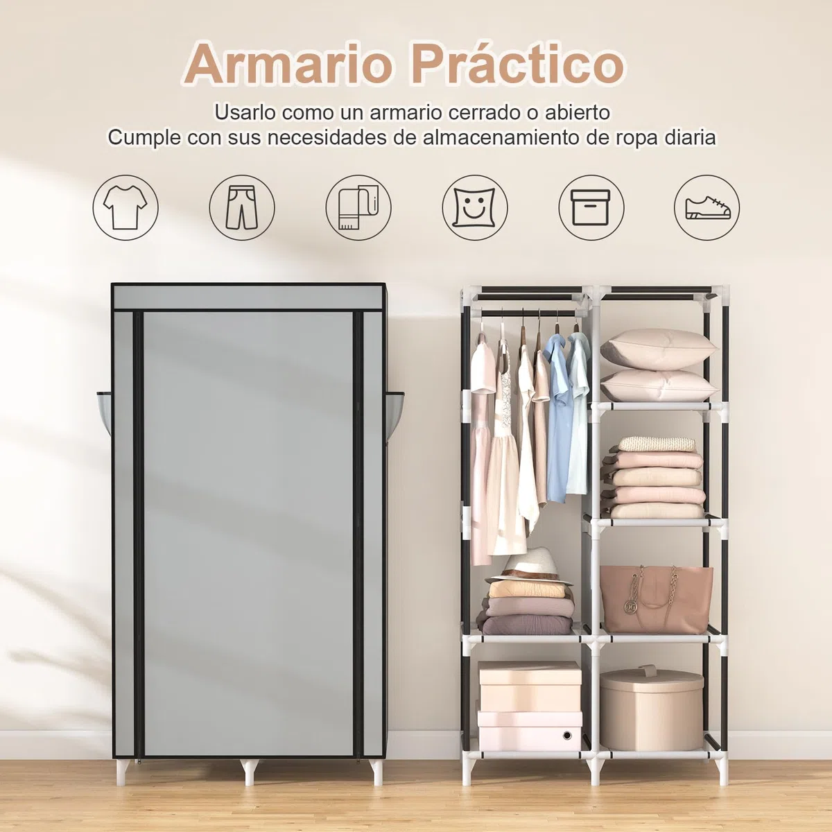 Vicye Armario de Tela, Organizador Armario Ropero Portátil con 1 Barra para Colgar y 6 Estantes para Dormitorio, Vestidor, Salón, Gris, 84 x 42 x 162 cm