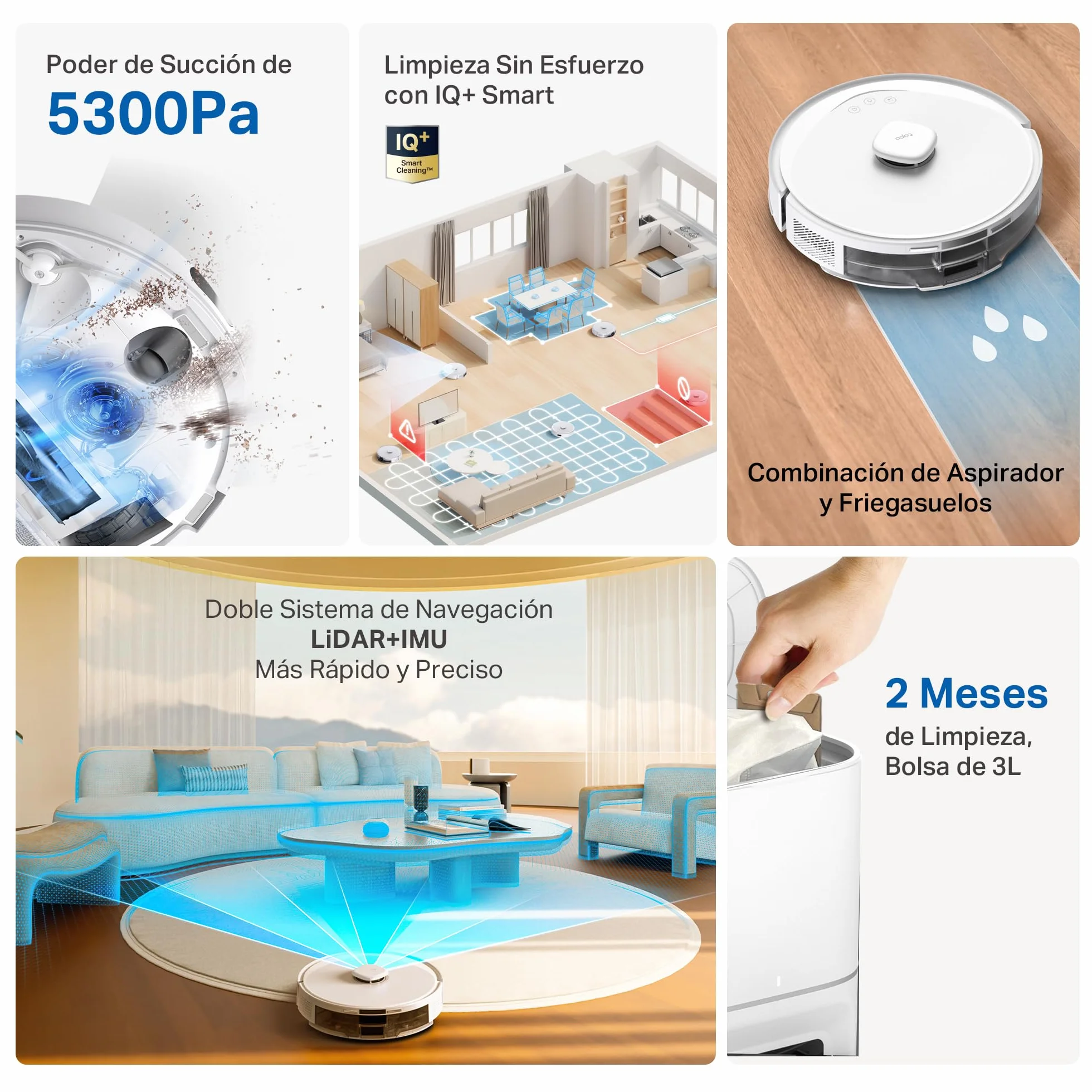 Tapo RV30 MAX Plus White-Robot Aspirador y Fregasuelos, Base Autolimpieza | Depósito 3L. Vaciado Automático. Navegación LiDAR+IMU. Detección de Obstáculos. Múltiples Funcion de Fregado. App Tapo.