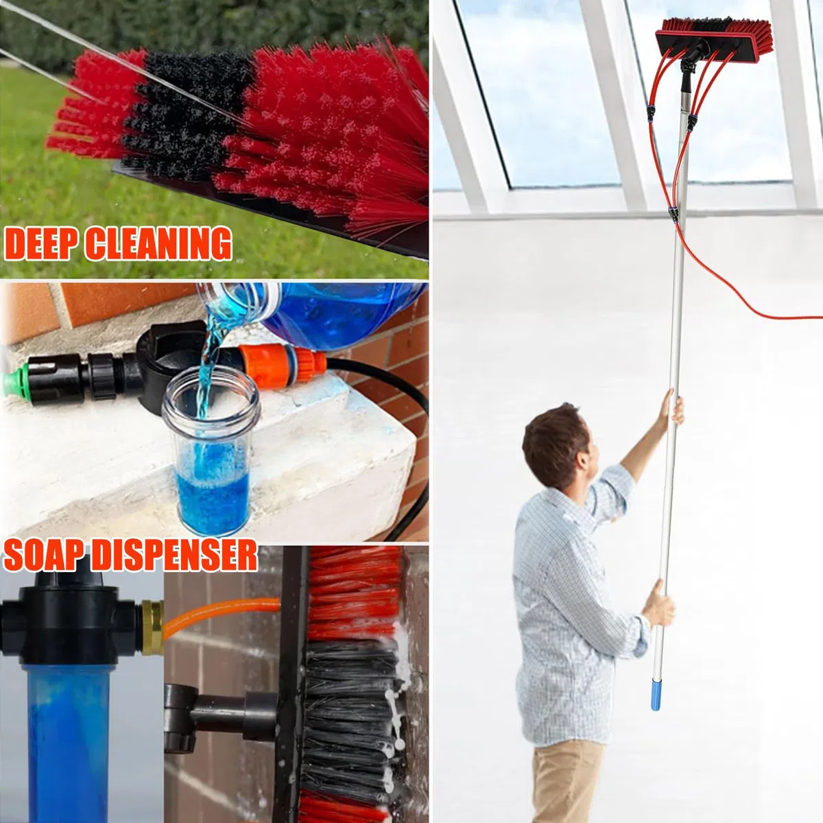 Genérico Cepillo para Ventanas | Extensible telescópico de 3 m a 13,6 m | Pértiga de Aluminio con Suministro de Agua y dispensador de jabón | Limpiador para Paneles solares | Equipo (55 cm,