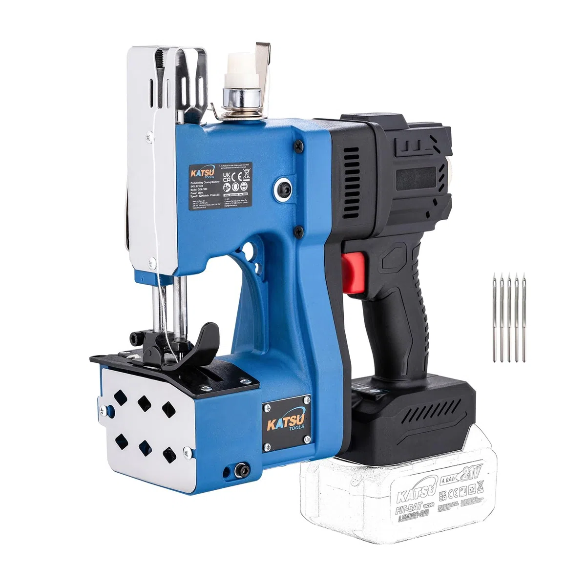 KATSU FIT-BAT 823516 - Máquina de coser inalámbrica sin escobillas de 18/21 V, 5 agujas de coser adicionales, para bolsas tejidas/sacos/papel/plástico, sin batería