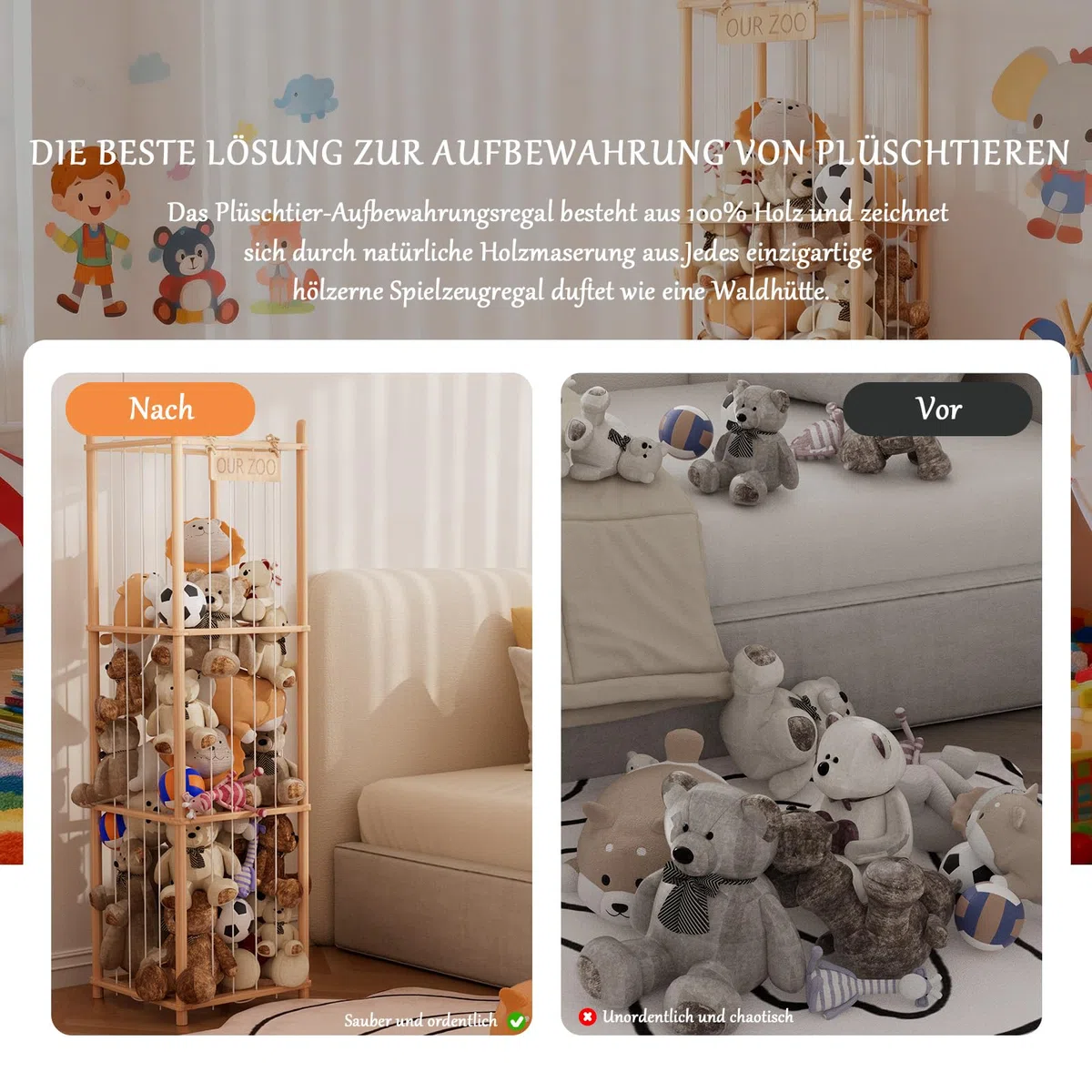 Estante de almacenamiento para juguetes de peluche, estante grande de madera con compartimentos, organizador para habitación de los niños, sala de estar y dormitorio