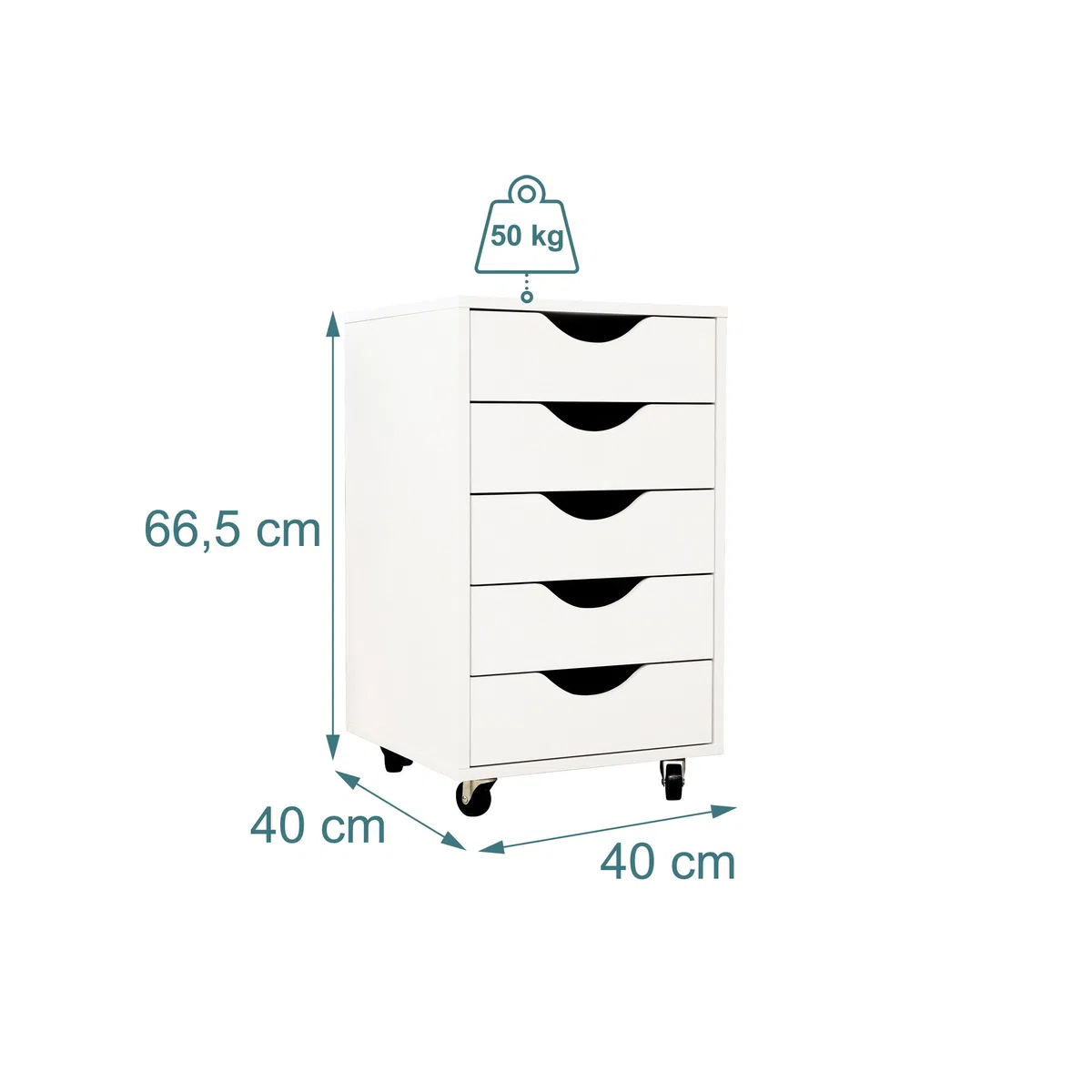 Relaxdays Cajonera con Ruedas 5 cajones, archivador para Escritorio, Blanco, 66,5x40x40 cm