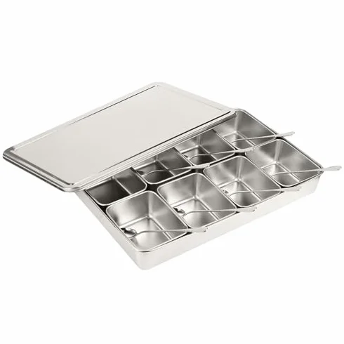 Organizador de especias de metal de alta calidad, 8 compartimentos, caja de almacenamiento de especias plateada, contenedor esencial para hierbas, condimentos y especias, diseño duradero y elegante