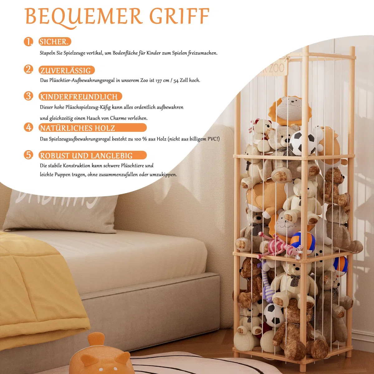 Estante de almacenamiento para juguetes de peluche, estante grande de madera con compartimentos, organizador para habitación de los niños, sala de estar y dormitorio