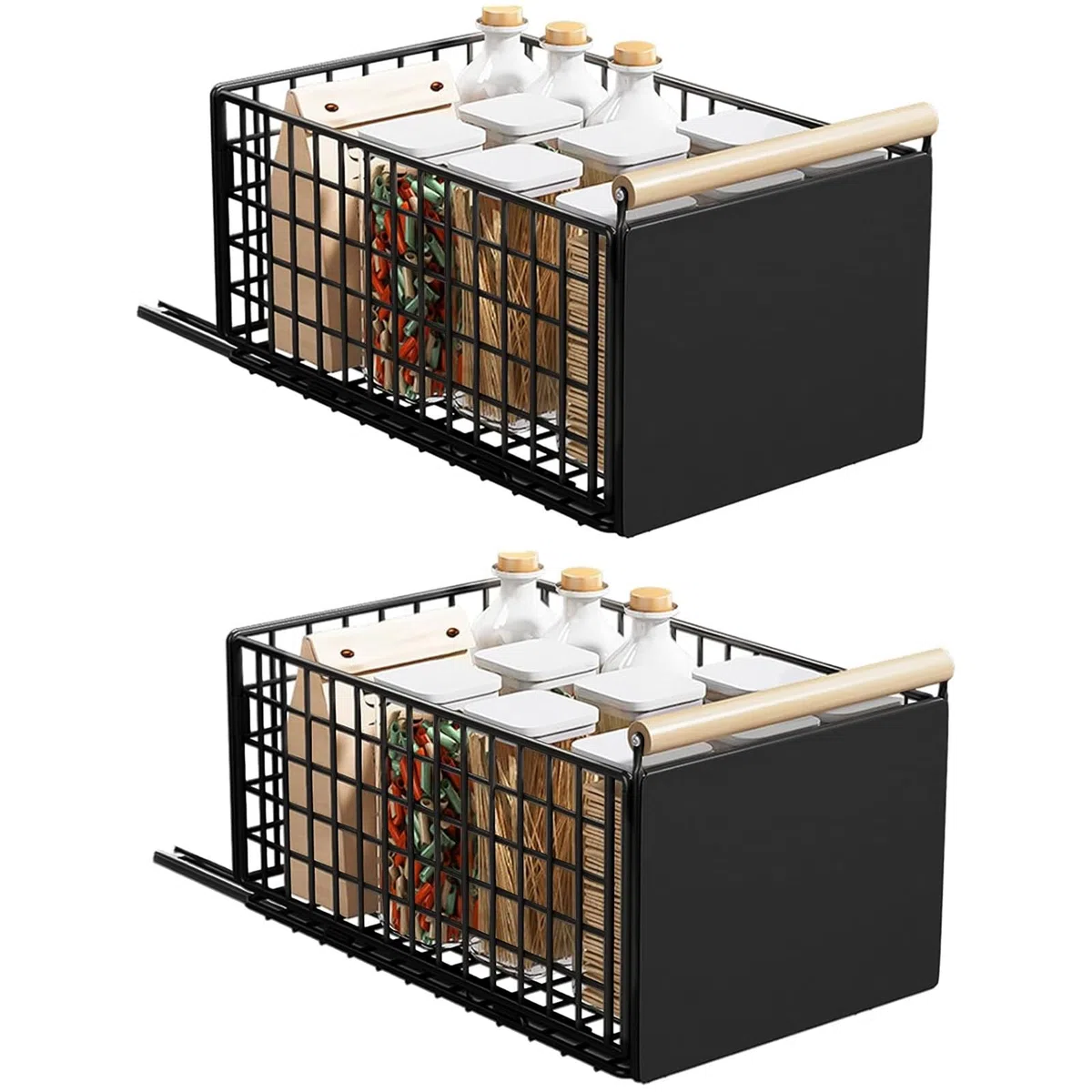 2 Piezas cajones extraibles para cocina, cajon extraible mueble más profundo con rieles para cajones y manija de madera, cajón extraíble de metal para gabinetes de cocina - 40 L x 24 W x 19,5 H CM