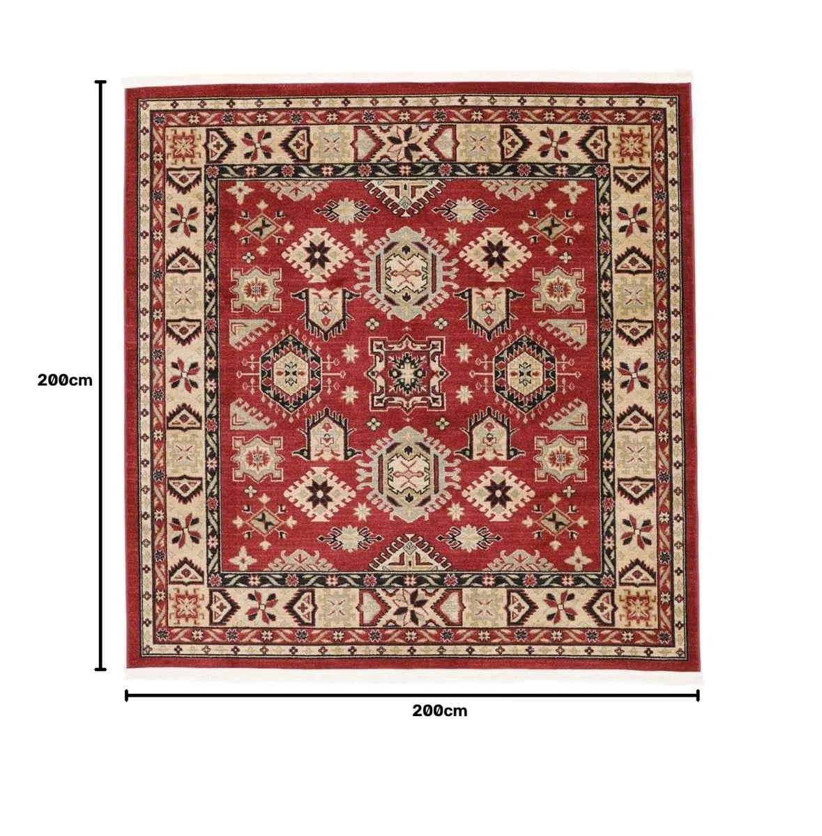 RugVista Shirvan Kazak Alfombra, 200 x 200 cm, Rojo/Beige | Orientales, Cuadrado, Pelo medio, Limpieza en seco, Oeko-Tex 100, Sala de estar, Comedor, Dormitorio