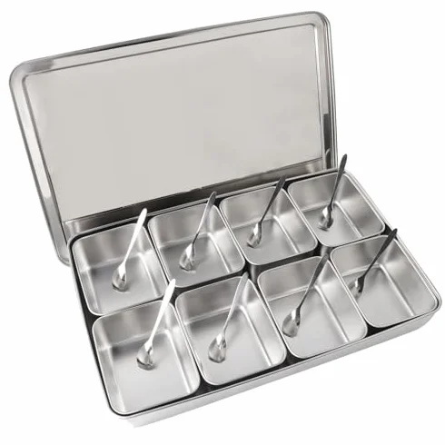 Organizador de especias de metal de alta calidad, 8 compartimentos, caja de almacenamiento de especias plateada, contenedor esencial para hierbas, condimentos y especias, diseño duradero y elegante