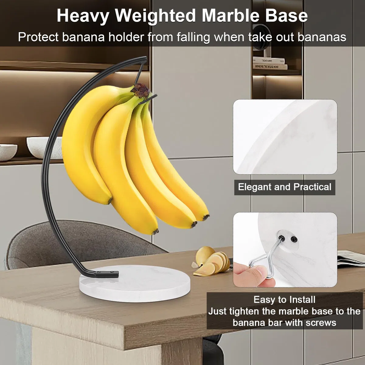 Livabber Soporte para plátanos con base de mármol, colgador de plátano de metal, moderno soporte para árbol con gancho, organizador duradero de almacenamiento de frutas frescas, independiente para
