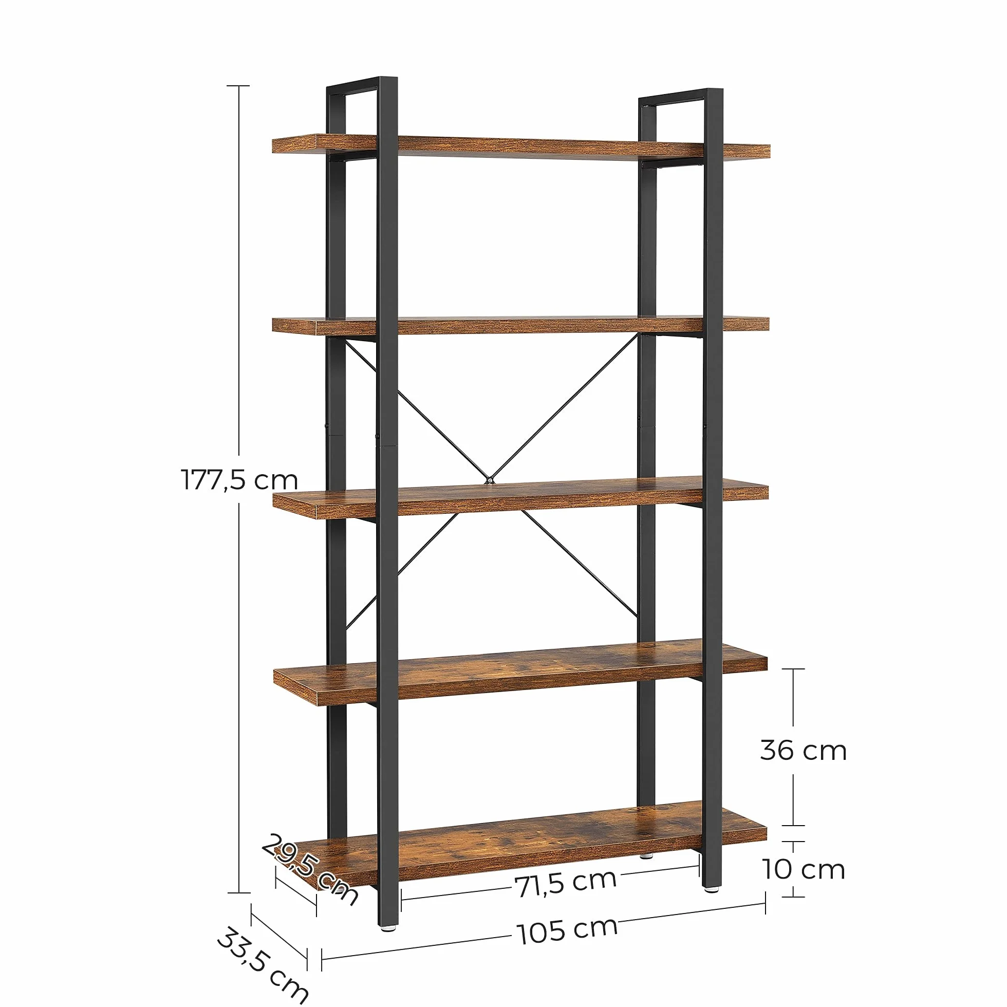 VASAGLE Estantería Industrial, Librería Estable de 5 Capas, Almacenamiento, Estantería Divisoria de Pie, Fácil Montaje, Sala, Dormitorio, Oficina, Marrón Rústico LLS55BX