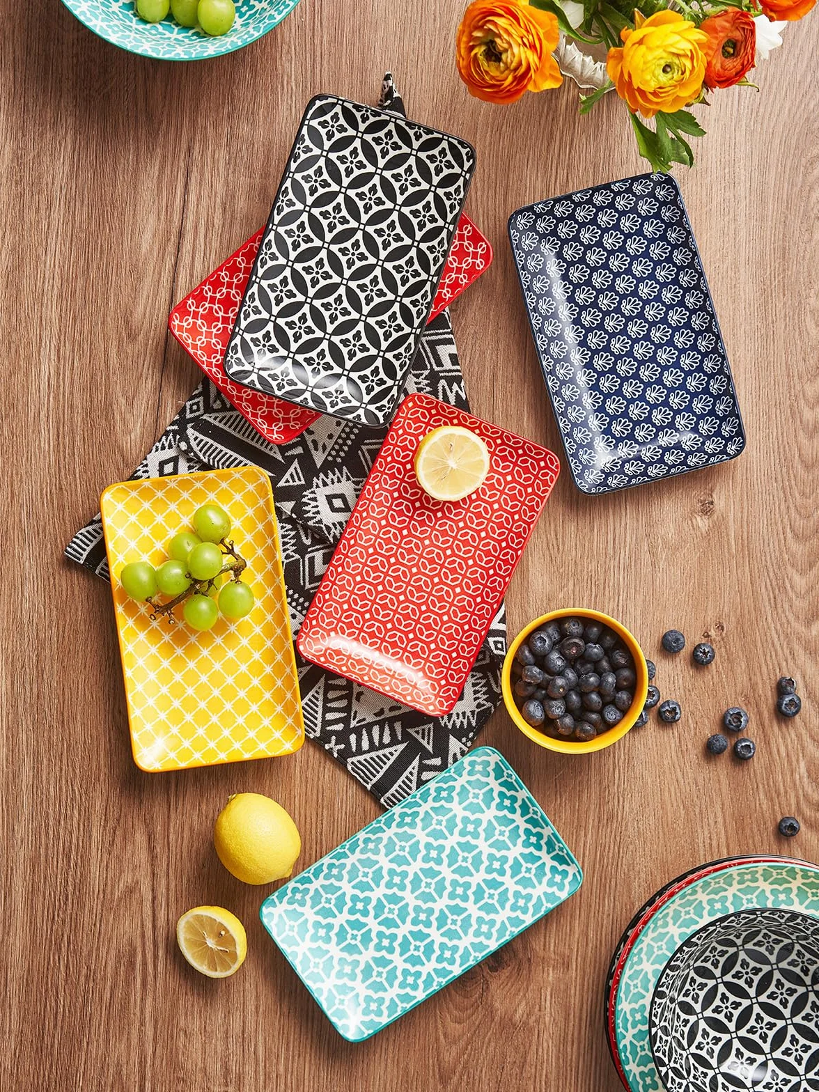 DOWAN Juego de 6 Platos para Servir - 20,5 x 12,1 cm Platos de Cena Rectangulares para Aperitivos, Sushi, Fruta, Ensalada, Postre - Apto para Microondas/Horno/Lavavajillas - Multicolor