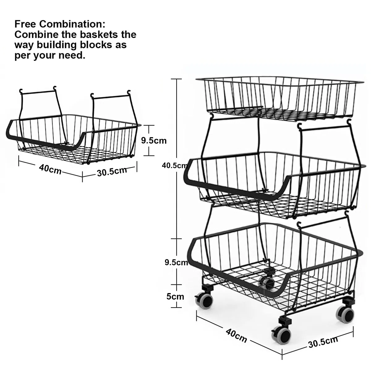 BRIAN & DANY Cestas de Frutas y Verduras Colgantes de 3 Niveles con Rueda-Organizador de La Cesta, 5 pcs S-Hooks, Pizarras Extraíbles, Cocina, Frutas, Verduras, Artículos de Tocador, Negro