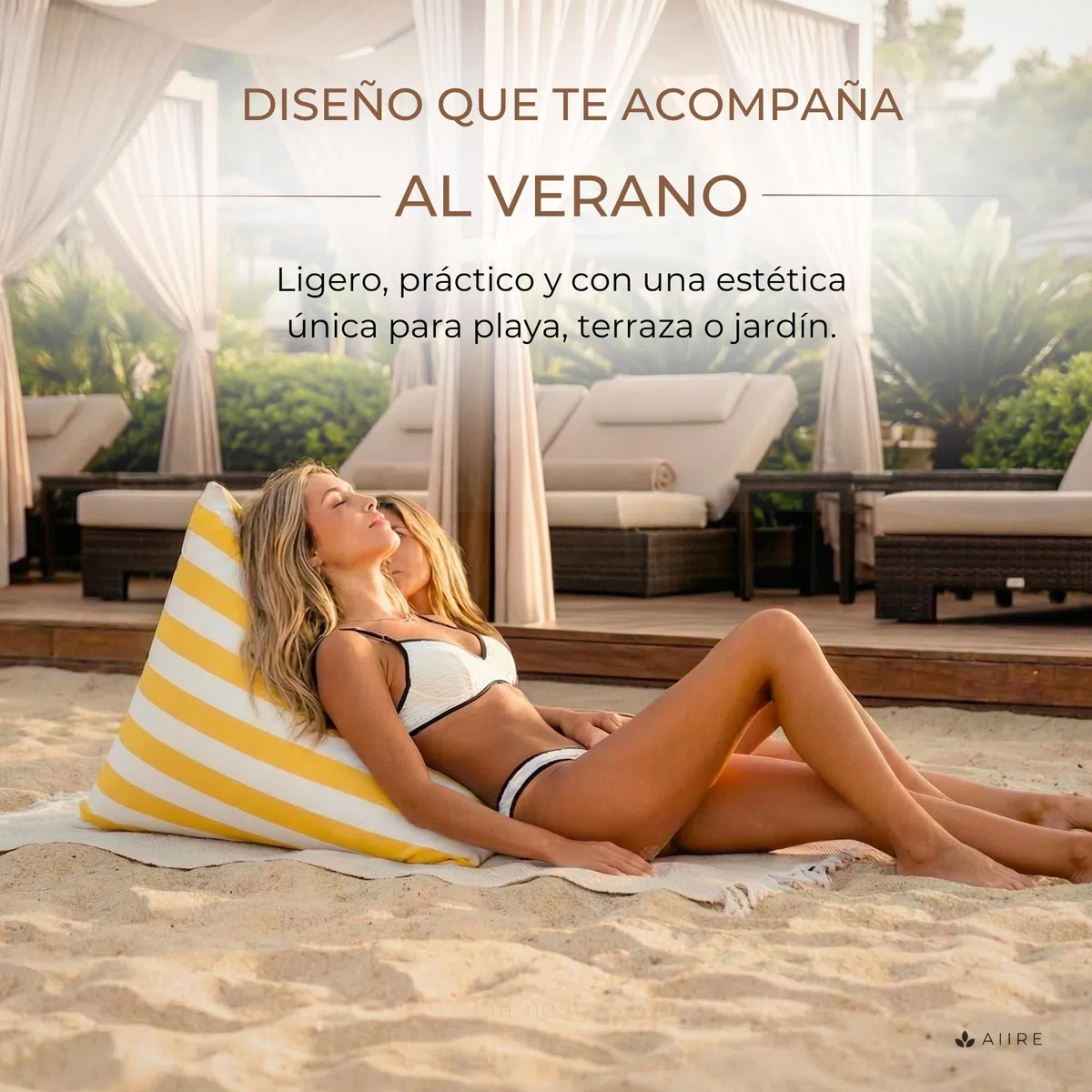 Aiire Puff Exterior Jardín con Relleno Incluido - Tejido Olefina Premium, Desenfundable y Lavable - Sofá Exterior para Playa, Terraza o Piscina - Bean Bag Chair Ligero Amarillo [75x65x55 cm]