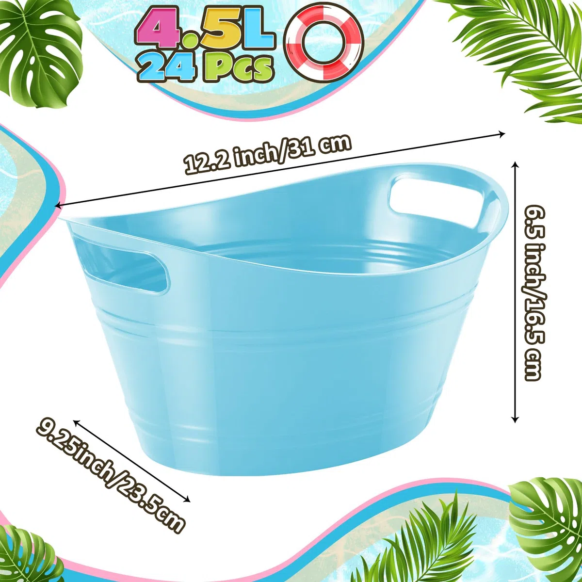 Norme 24 cubos de almacenamiento ovalados con asas, cubo de hielo de plástico de 4,5 L, botella de vino, cerveza, champán, botella de bebidas para fiestas, cesta de almacenamiento (azul cielo)