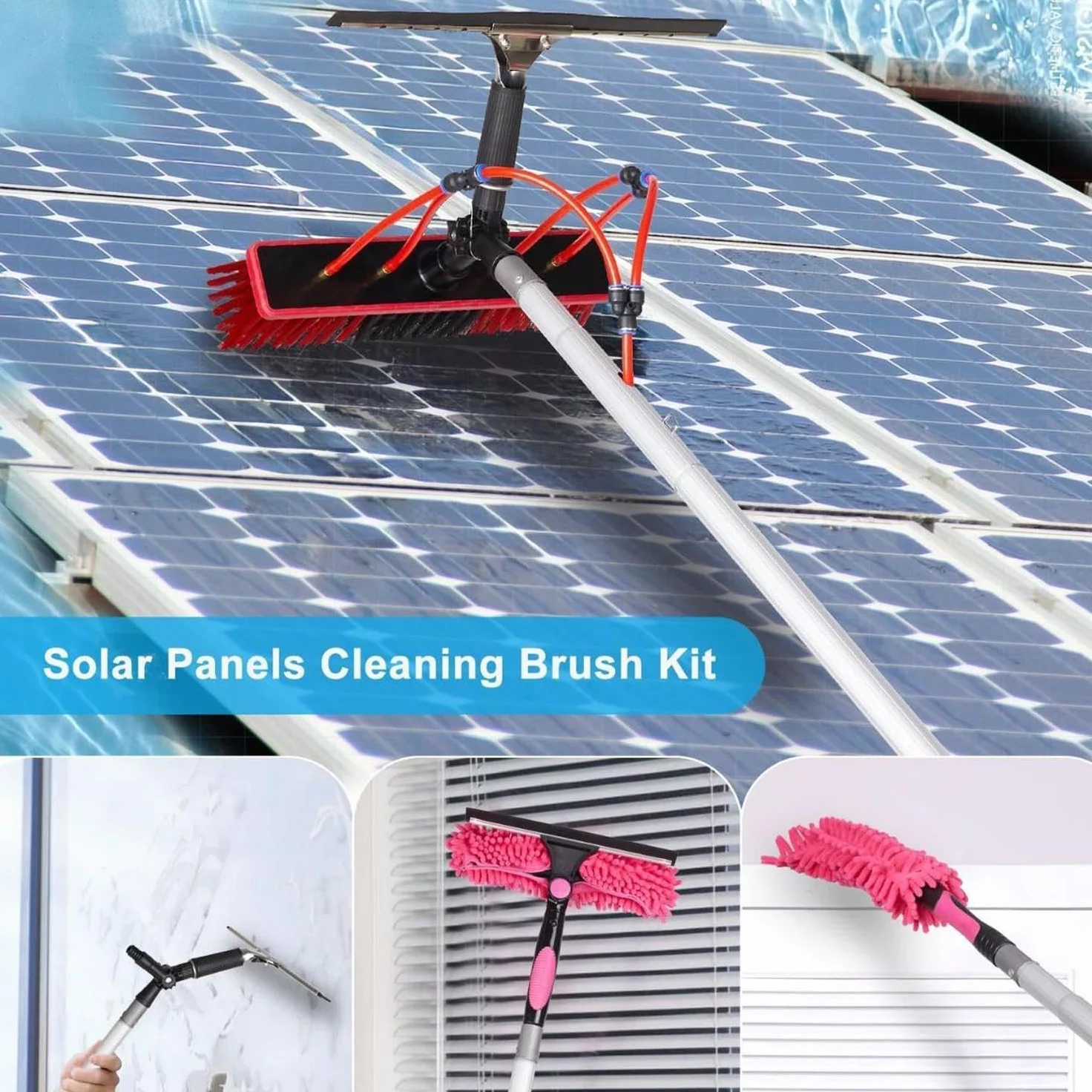 Cepillo de limpieza de paneles solares ajustable con poste de 3 m, cepillo limpiador de ventanas y kit de alimentación de agua para panel solar y lavado de ventanas, herramienta de limpieza eficiente