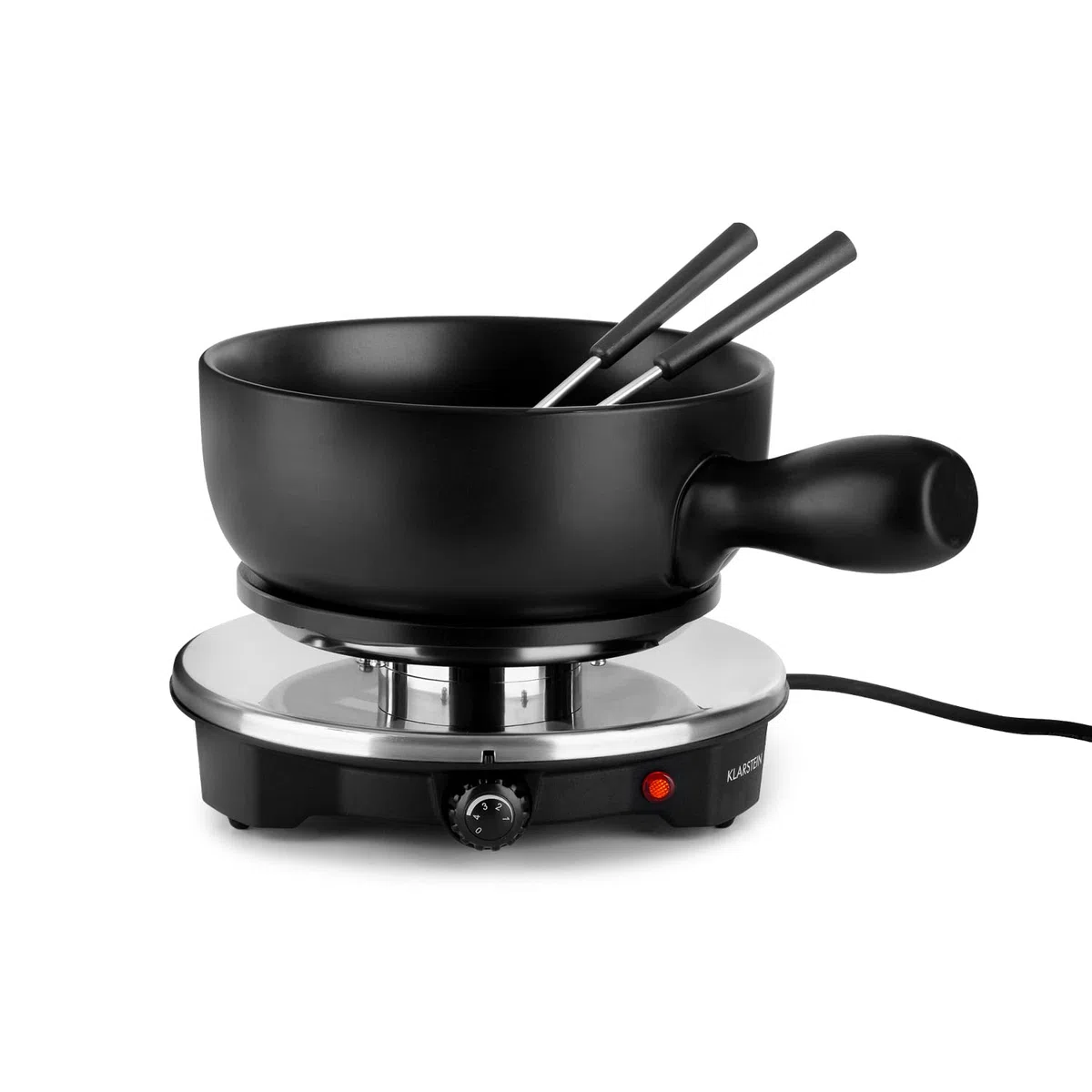 Klarstein Sirloin - Fondue de Queso, Para fiestas, Olla de cerámica esmaltada, Potencia de 1200 W, Placa de aluminio fundido, Termostato, Antideslizante, Negro
