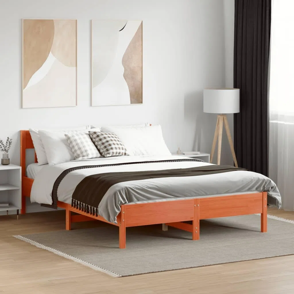 Cama de madera maciza sin colchón, 120 x 190 cm, marrón cera, madera de pino, marco de cama resistente, cama individual para dormitorio, duradera