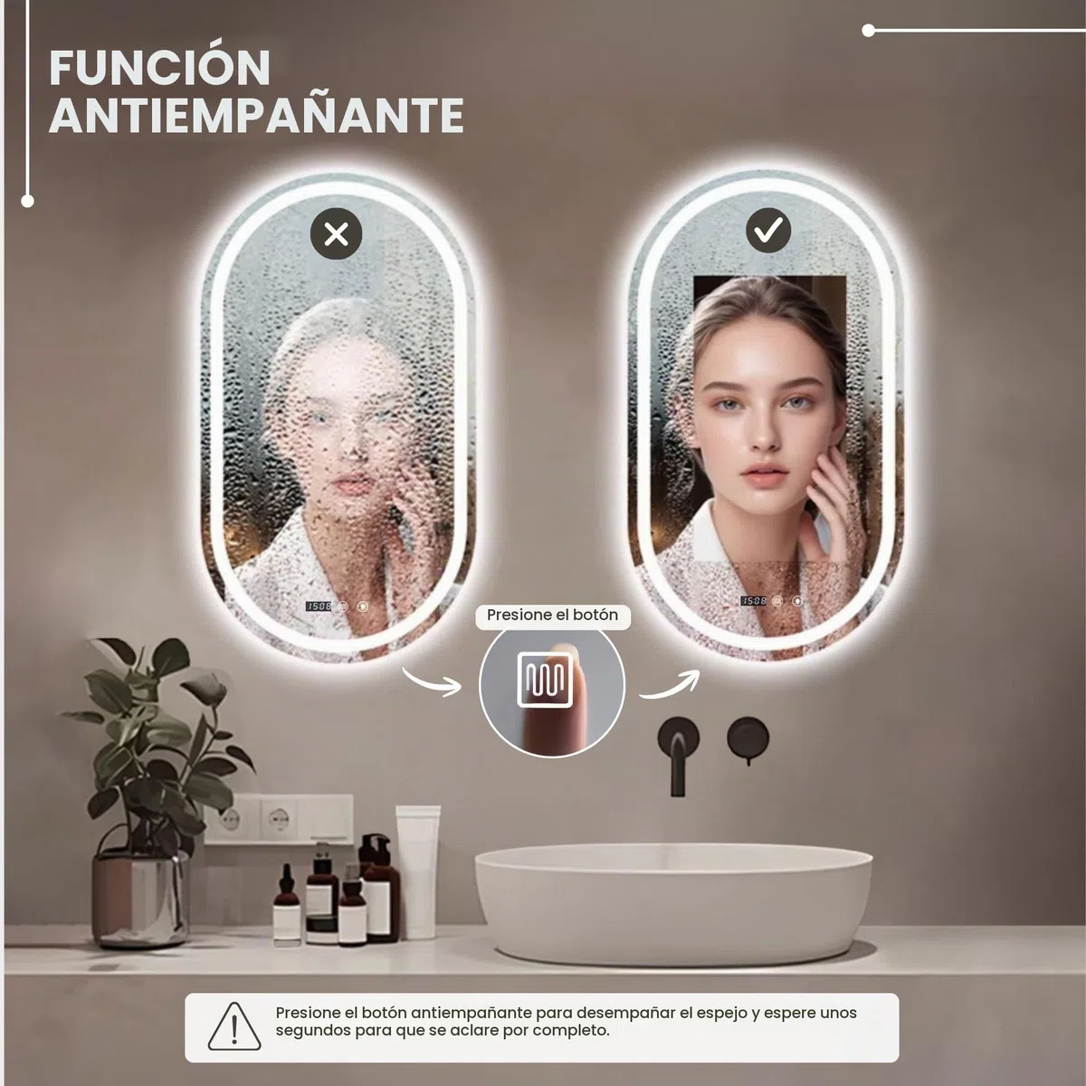 MAGIC SELECT Espejo de Baño con Luz Ovalado de Pared 50x90cm | Con Enchufe, 3 Tonos de Color, Ajuste de Brillo y Antivaho, Indicador de Hora y Temperatura, Vertical