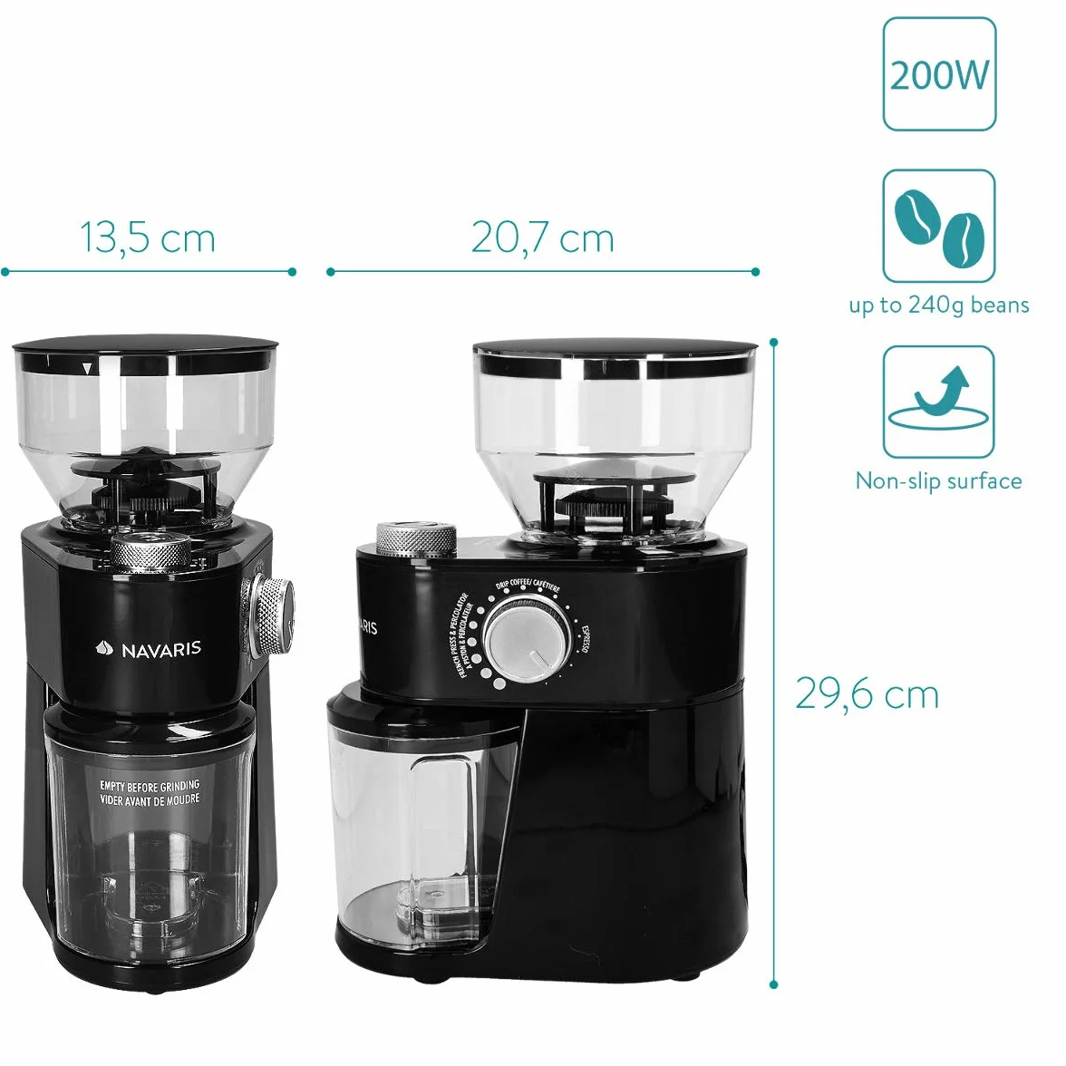 Navaris Molinillo de café eléctrico - Molino regulable de granos de café semillas frutos secos o especias - Moledor profesional para hasta 14 tazas