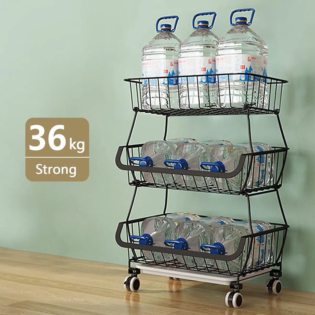 BRIAN & DANY Cestas de Frutas y Verduras Colgantes de 3 Niveles con Rueda-Organizador de La Cesta, 5 pcs S-Hooks, Pizarras Extraíbles, Cocina, Frutas, Verduras, Artículos de Tocador, Negro