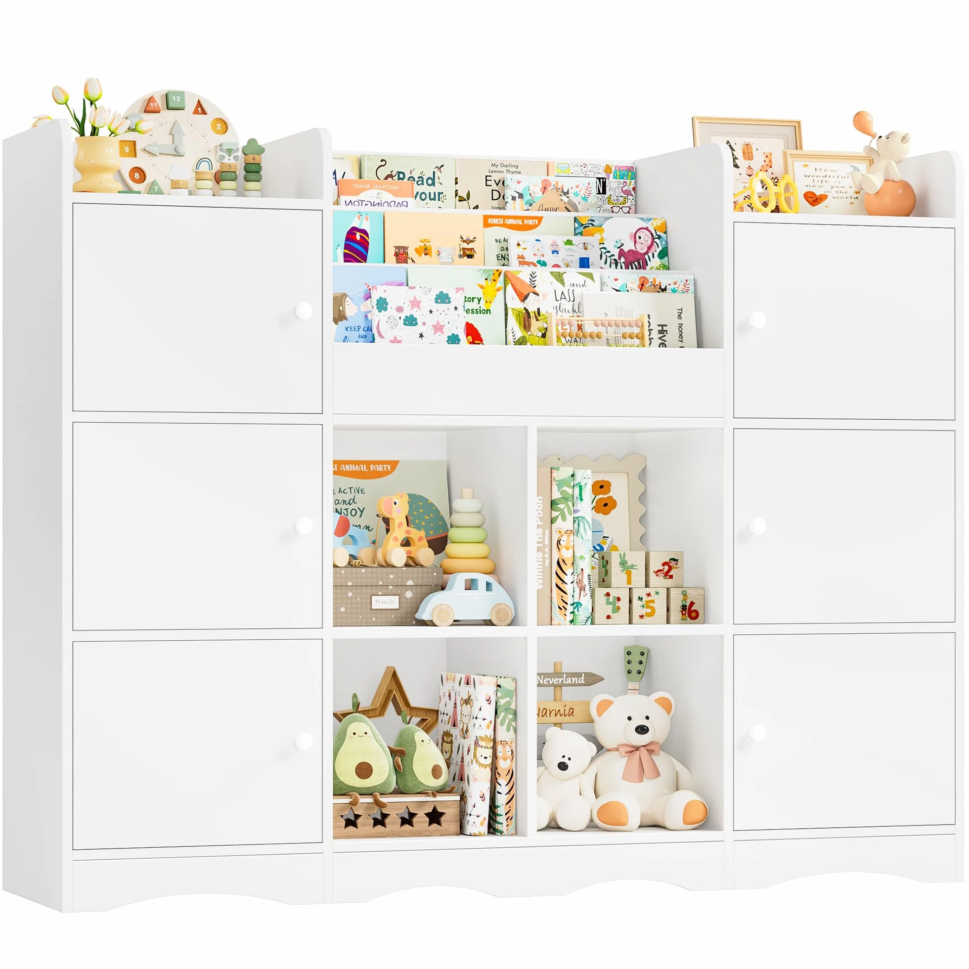 FOREHILL Organizador Juguetes, 6 Armarios con Puertas, Blanco | Estanteria Infantil, 6 Armarios con Puertas, 4 Estantes Abiertos para Dormitorios Guardería, 140x30x106cm