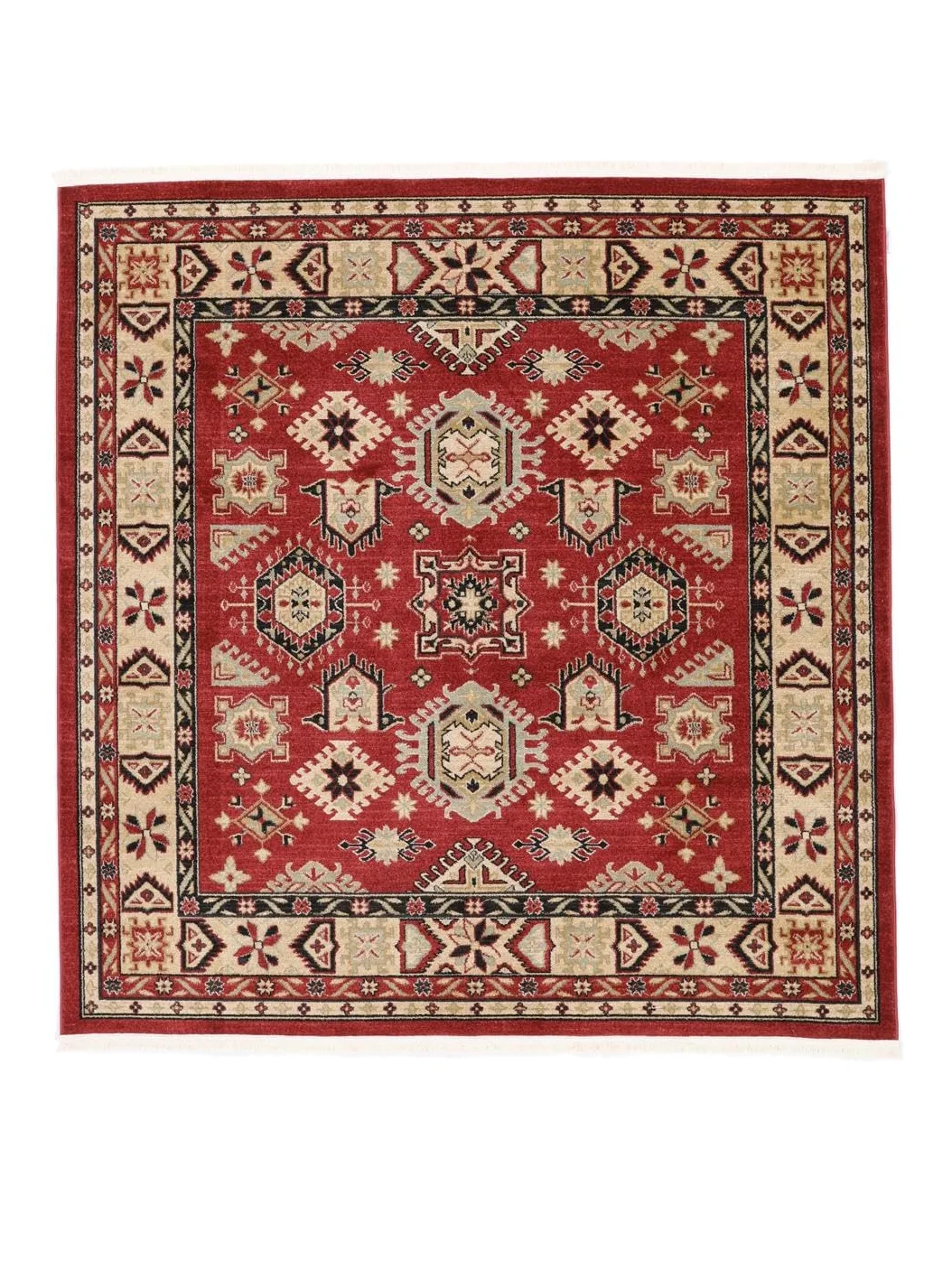 RugVista Shirvan Kazak Alfombra, 200 x 200 cm, Rojo/Beige | Orientales, Cuadrado, Pelo medio, Limpieza en seco, Oeko-Tex 100, Sala de estar, Comedor, Dormitorio