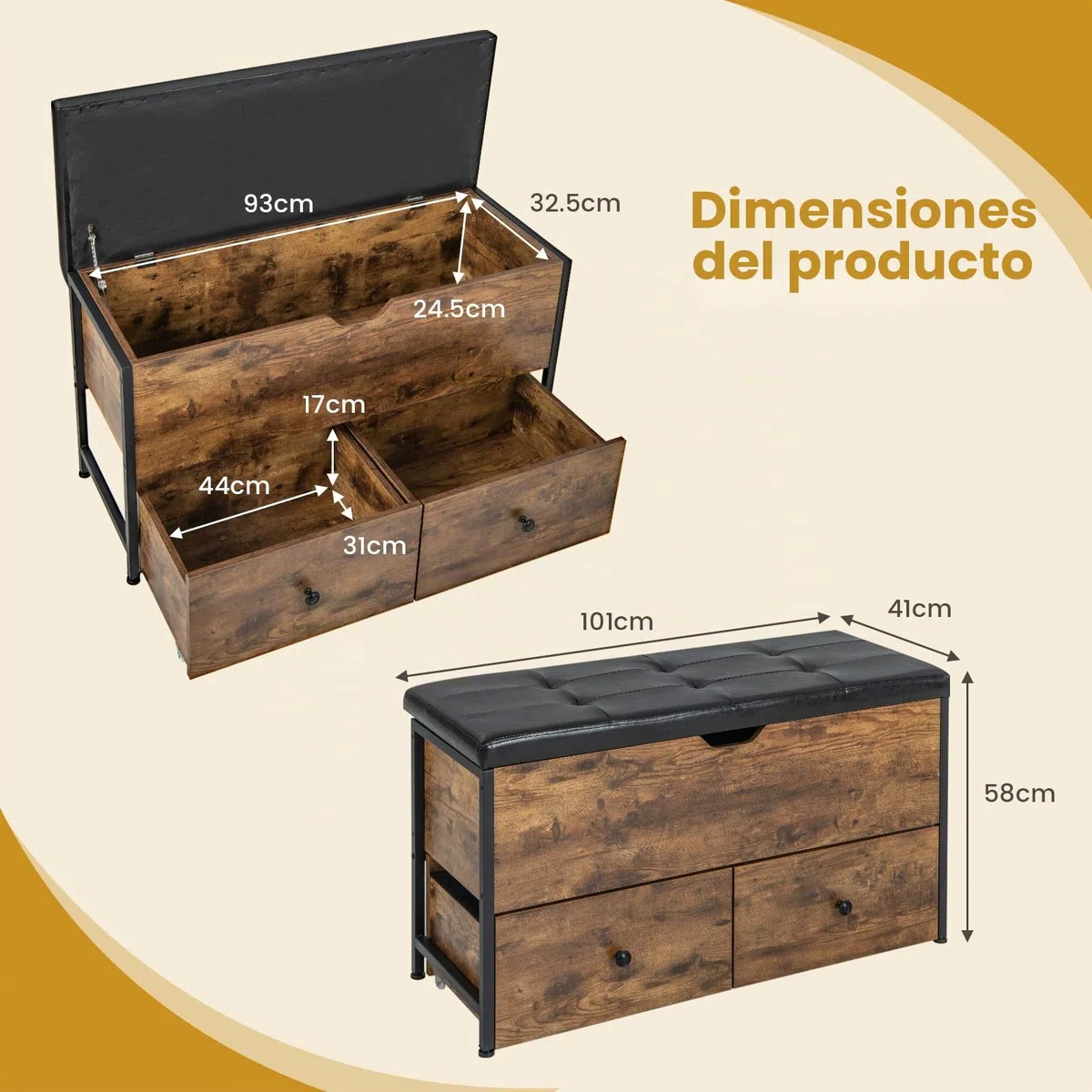 GOPLUS - Banco de almacenamiento de madera con asiento acolchado, carga de 150 kg, caja de almacenamiento estilo industrial con 2 cajones, bisagra de seguridad
