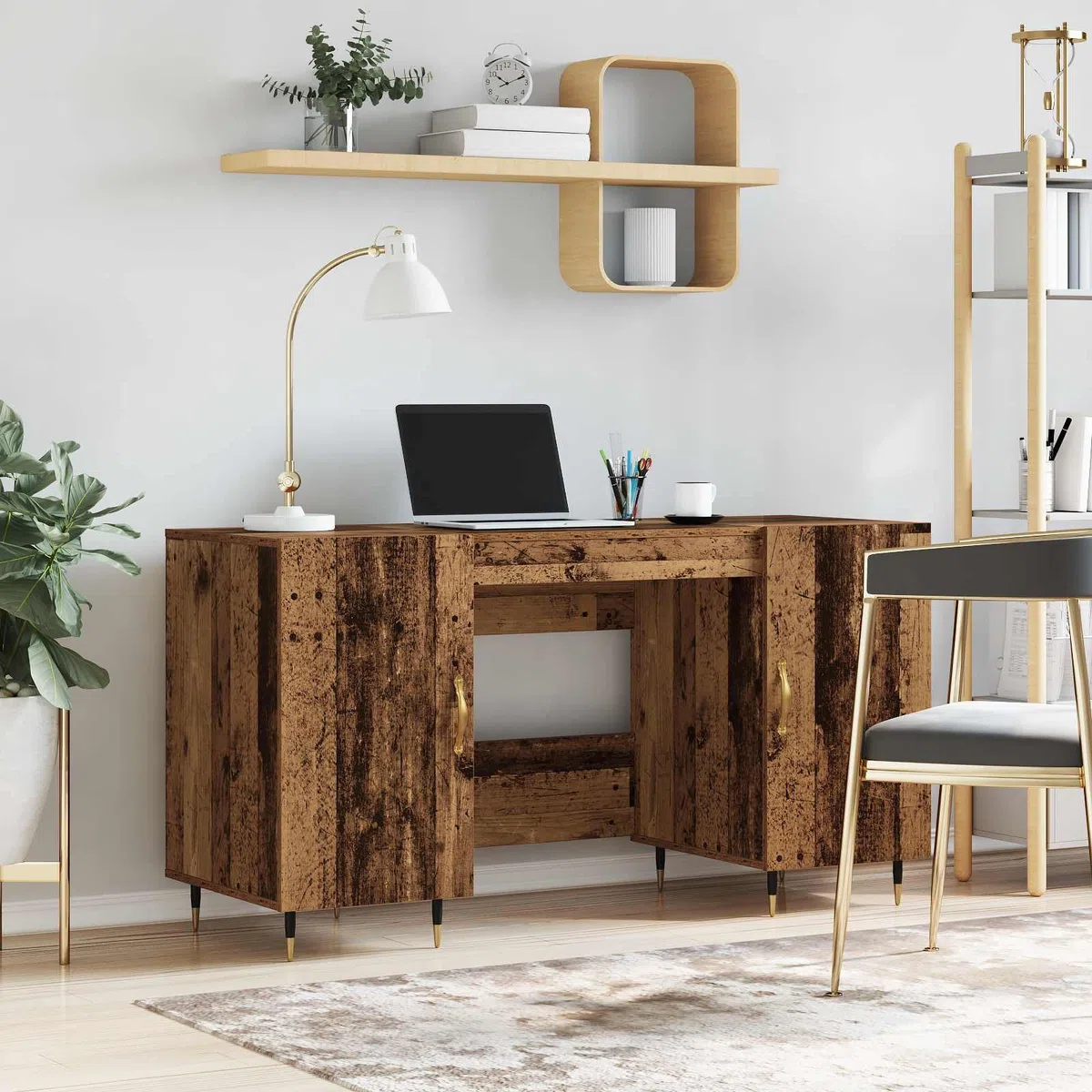 Escritorio con estante de madera recuperada 140 x 50 x 75 cm, material de madera mate, espacio de almacenamiento con 2 puertas y estantes, ergonómico para oficina, oficina en casa, estudio