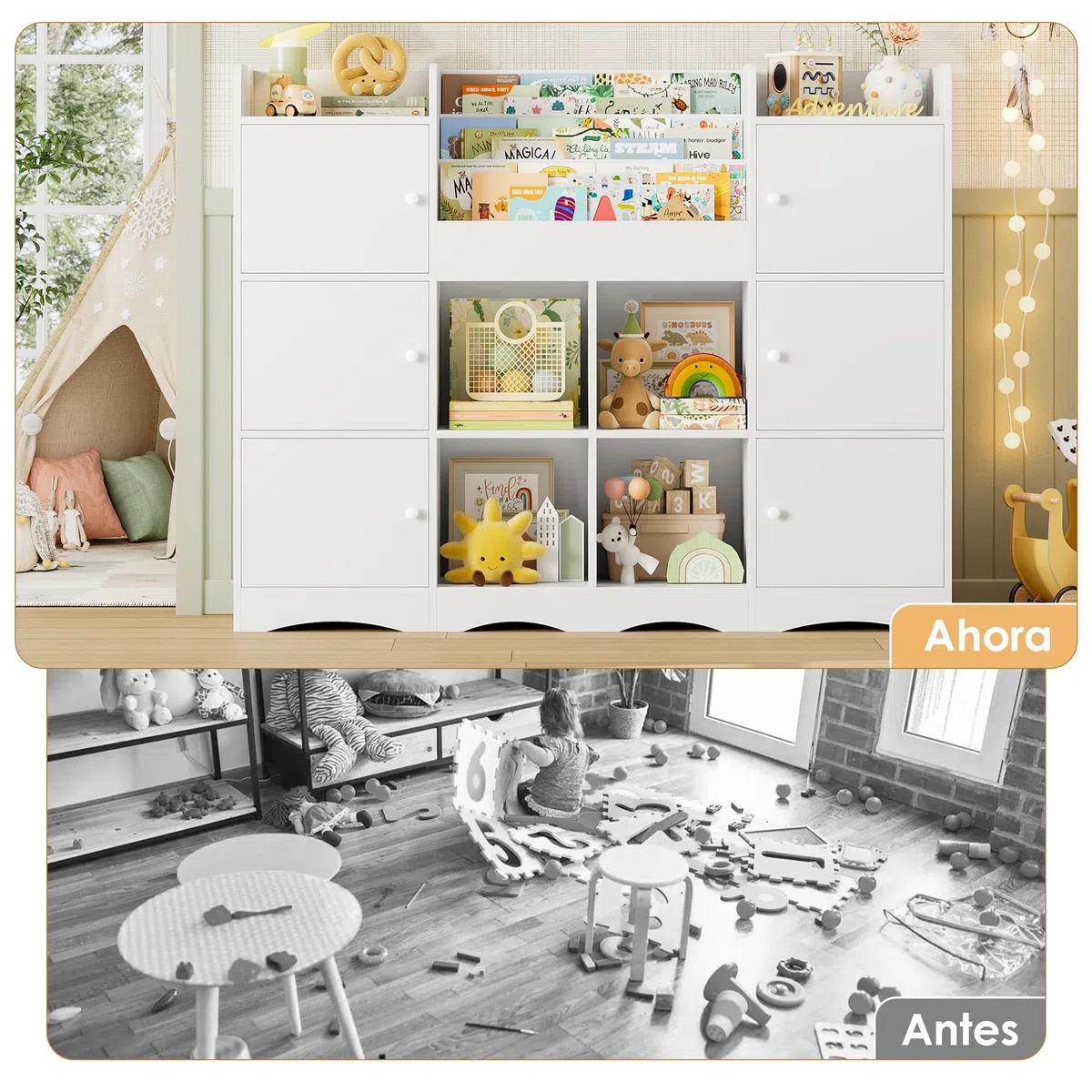 FOREHILL Organizador Juguetes, 6 Armarios con Puertas, Blanco | Estanteria Infantil, 6 Armarios con Puertas, 4 Estantes Abiertos para Dormitorios Guardería, 140x30x106cm