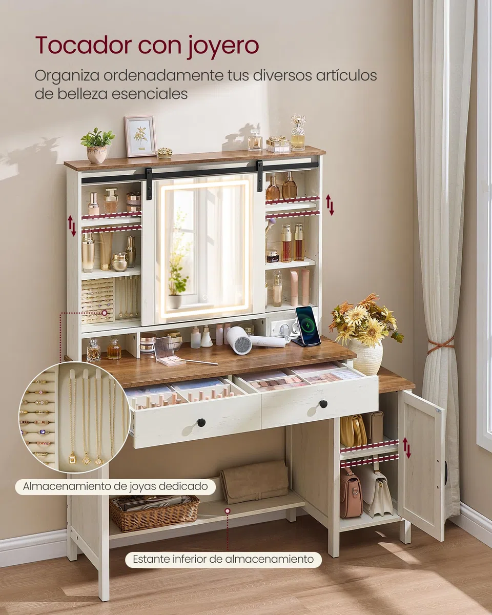 VASAGLE LIRY Colección - Tocador con Espejo y Luz, Mesa de Maquillaje de Granja con Taburete, Estación de Carga, 2 Cajones, Organizador Joyas, Blanco Rústico y Marrón Miel RDT136W01