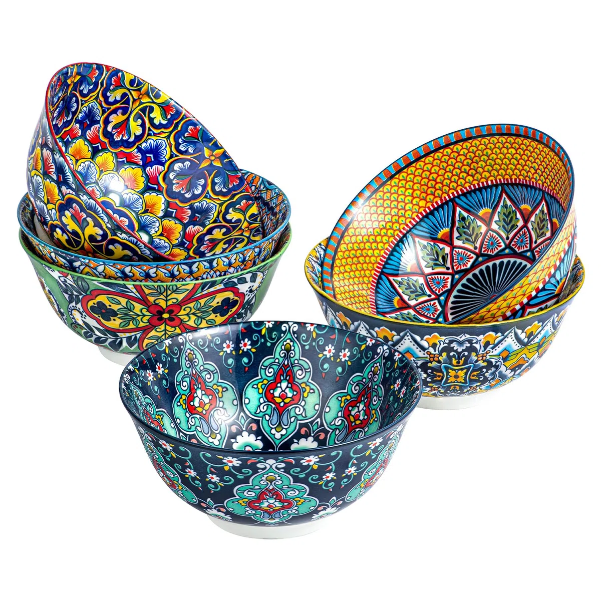 HENXFEN LEAD Cuencos para muesli de porcelana, cuencos grandes para sopa, muesli, ensalada y pasta, etc. Coloridos, paquete de 6 - Estilo bohemio