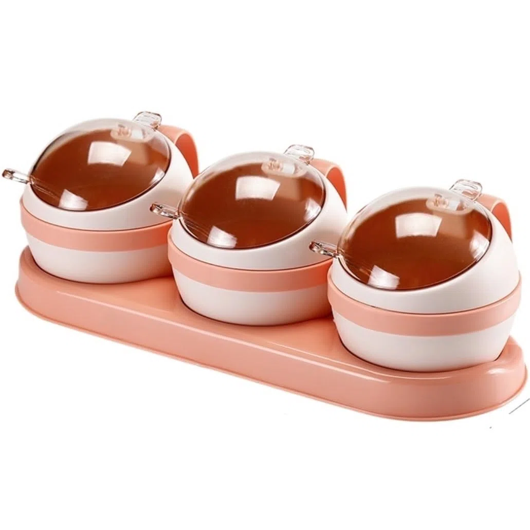 SAeWare Juego de recipientes de especias de plástico para condimentos de cocina con tapa de cuchara, contenedor de condimentos para cocina, encimera de cocina, color rosa, 3 piezas