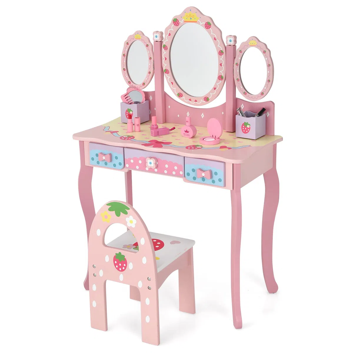 LIFEZEAL Tocador Infantil con Espejo, Juego de tocador de Maquillaje con Taburete, Mesa de Madera con Espejo extraíble, Escritorio con 3 cajones y 2 Cajas para niñas 3 años（Rosa）
