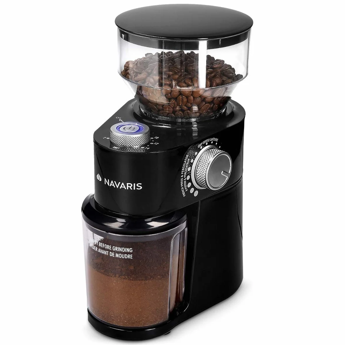Navaris Molinillo de café eléctrico - Molino regulable de granos de café semillas frutos secos o especias - Moledor profesional para hasta 14 tazas