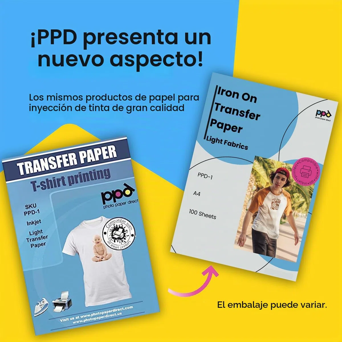PPD A4 x 100 Hojas de Papel de Transferencia Térmica Para Camisetas, Mascarillas y Tejidos Blancos o Claros - Para Impresora de Inyección de Tinta Inkjet - PPD-1-100