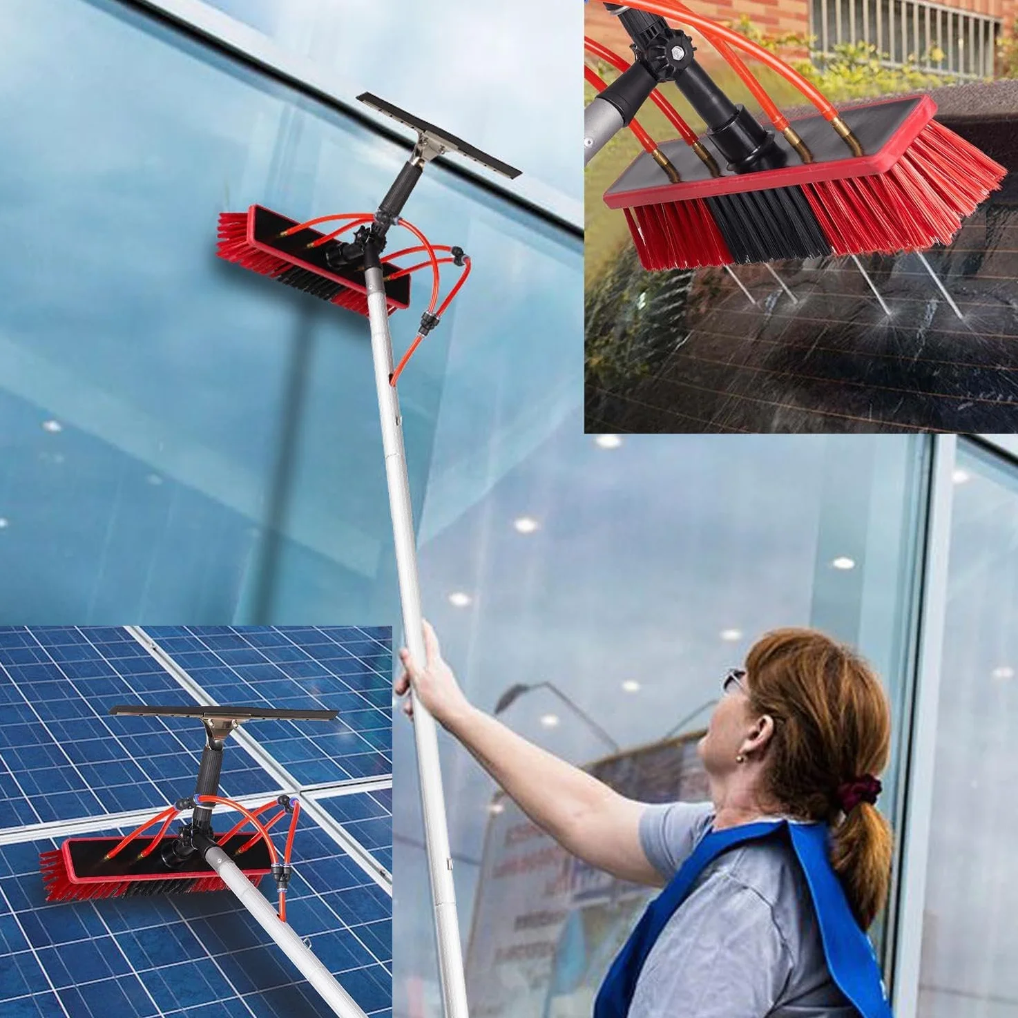 Cepillo de limpieza de paneles solares ajustable con poste de 3 m, cepillo limpiador de ventanas y kit de alimentación de agua para panel solar y lavado de ventanas, herramienta de limpieza eficiente