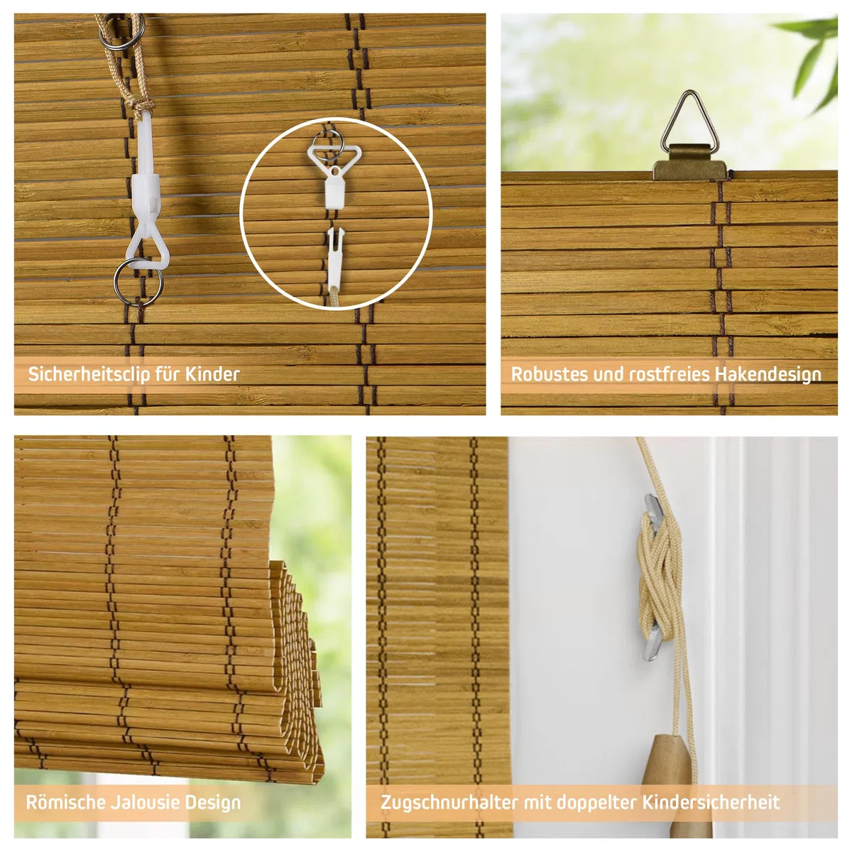 Victoria M. Klemmfix Persiana Enrollable de Bambú Fijación sin Taladrar, Protección Solar para Puertas y Ventanas, 90 x 220 cm, Marrón