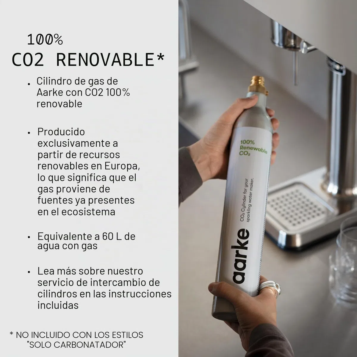 Aarke Carbonator 3 - Máquina de agua con gas en acero inoxidable, acabado gris mate + cilindro de 60 litros con CO2 renovable