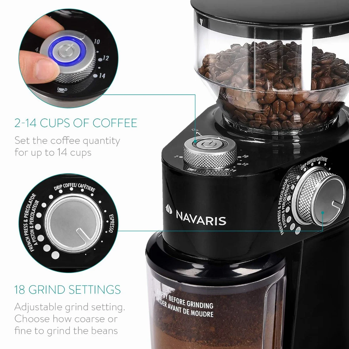 Navaris Molinillo de café eléctrico - Molino regulable de granos de café semillas frutos secos o especias - Moledor profesional para hasta 14 tazas