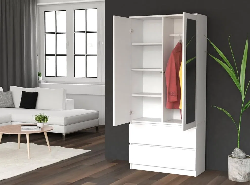 BDW Armario con espejo, 90 x 180 x 50 cm, 2 cajones, 4 estantes, ideal para un dormitorio, pasillo, habitación infantil u oficina, perchero, perchero (blanco)
