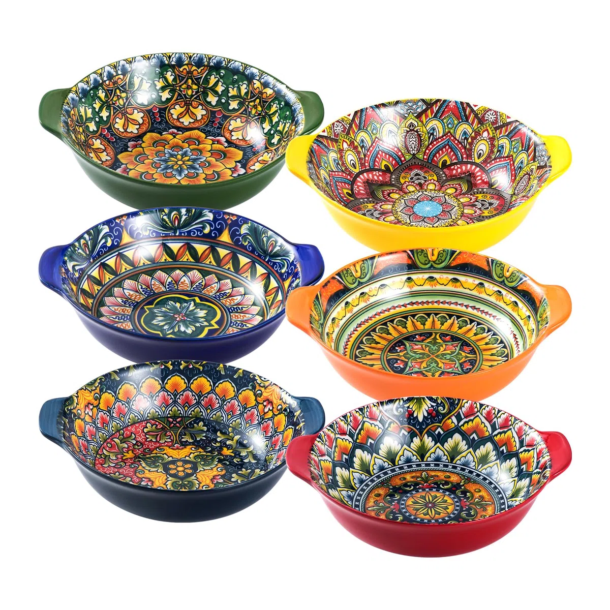 Henten Home Juego de 6 Cuencos con Asas, Platos para Ensalada, Cuencos Estilo Bohemio - 520 ml, Platos de Pasta de Cerámica para Pasta, Sopas, Ensaladas, Frutas