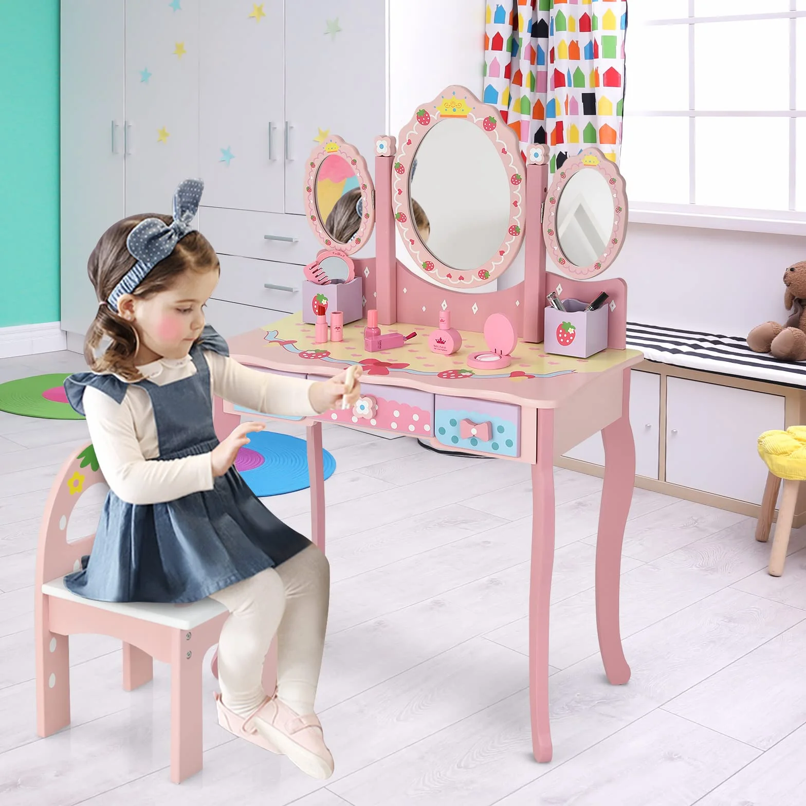 LIFEZEAL Tocador Infantil con Espejo, Juego de tocador de Maquillaje con Taburete, Mesa de Madera con Espejo extraíble, Escritorio con 3 cajones y 2 Cajas para niñas 3 años（Rosa）