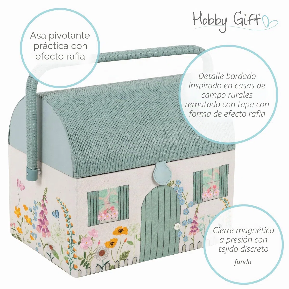 Hobby Gift Caja de costura bordada: diseño floral estilo cabaña de campo, techo y asa de mimbre, incluye bandeja interna de plástico con compartimentos para artesanos creativos - 21 x 30 x 26 cm