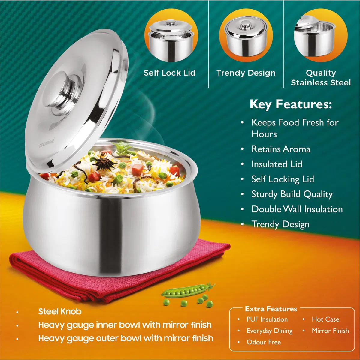 SIGNORA WARE Juego de 3 cazuelas grandes aisladas con tapa, calentador de alimentos de acero inoxidable, recipiente térmico para servir sopa/ensalada, recipiente de acero inoxidable, el mejor regalo